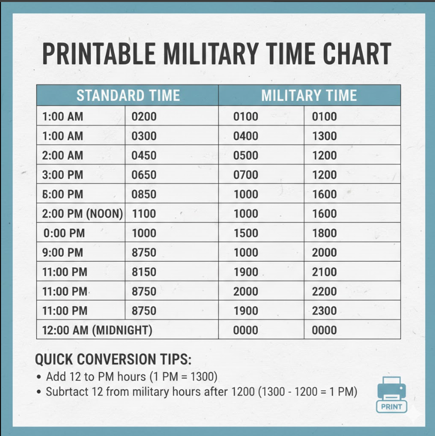 printable military time chart