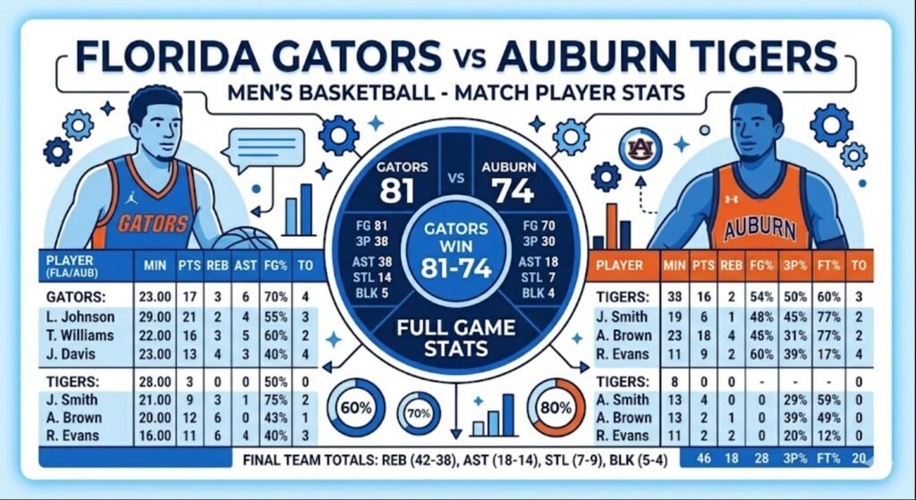 florida gators men's basketball vs auburn tigers men's basketball match player stats